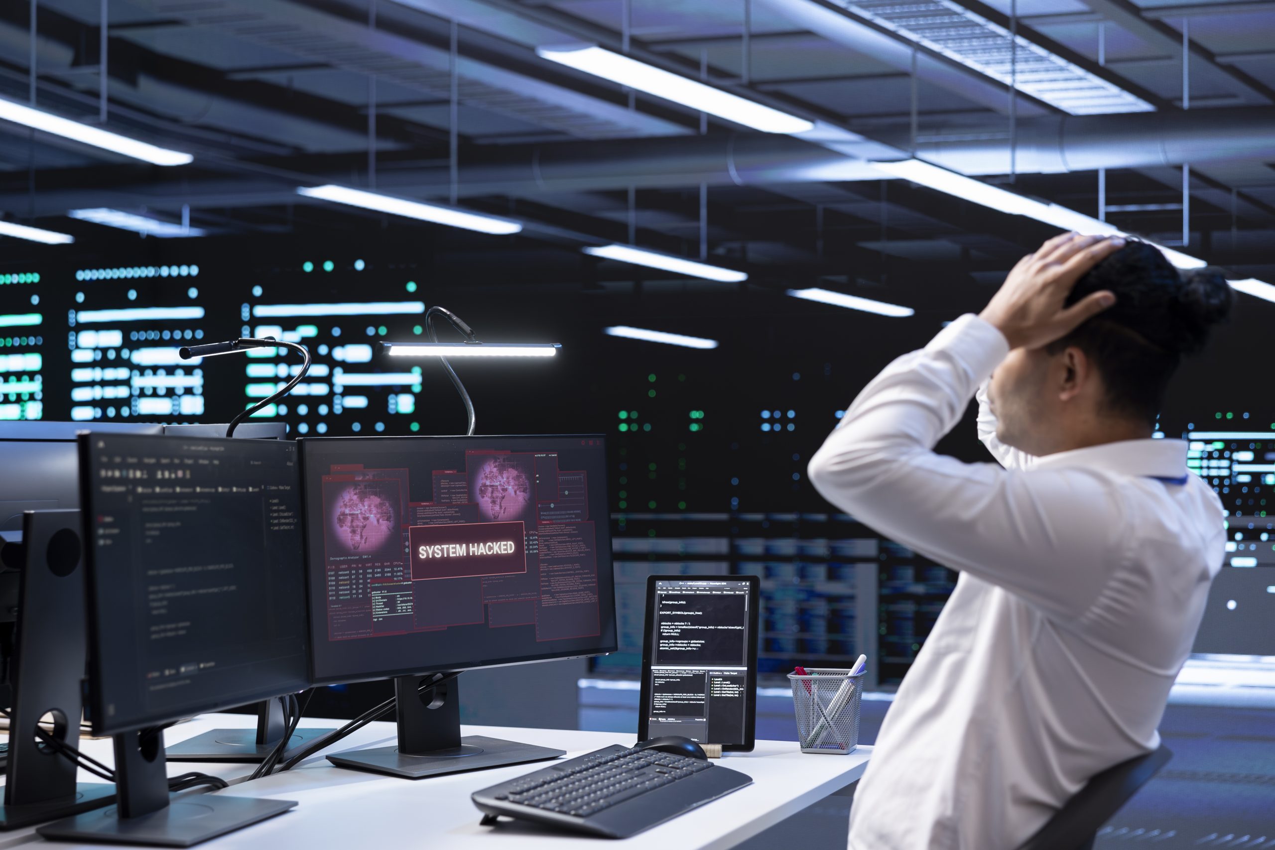 Close up of data center employee stressed by security breach alert